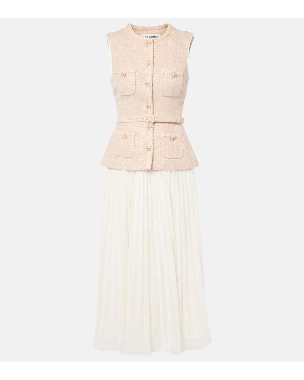 Self-Portrait Sequined Boucle Chiffon Midi Dress in White