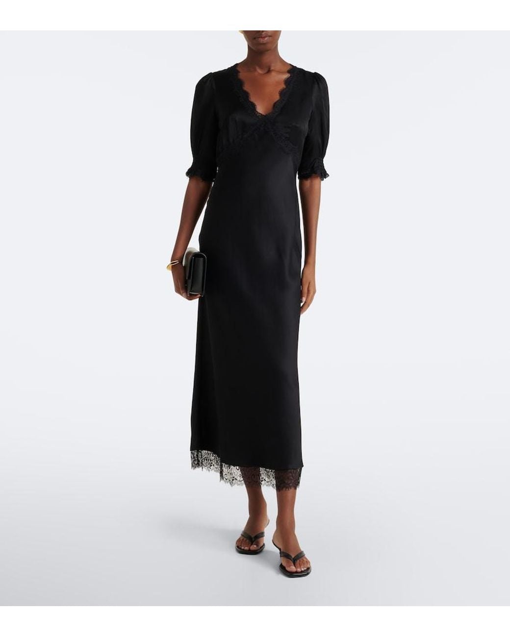 Rixo Black Annina Lace-Trimmed Satin Midi Dress