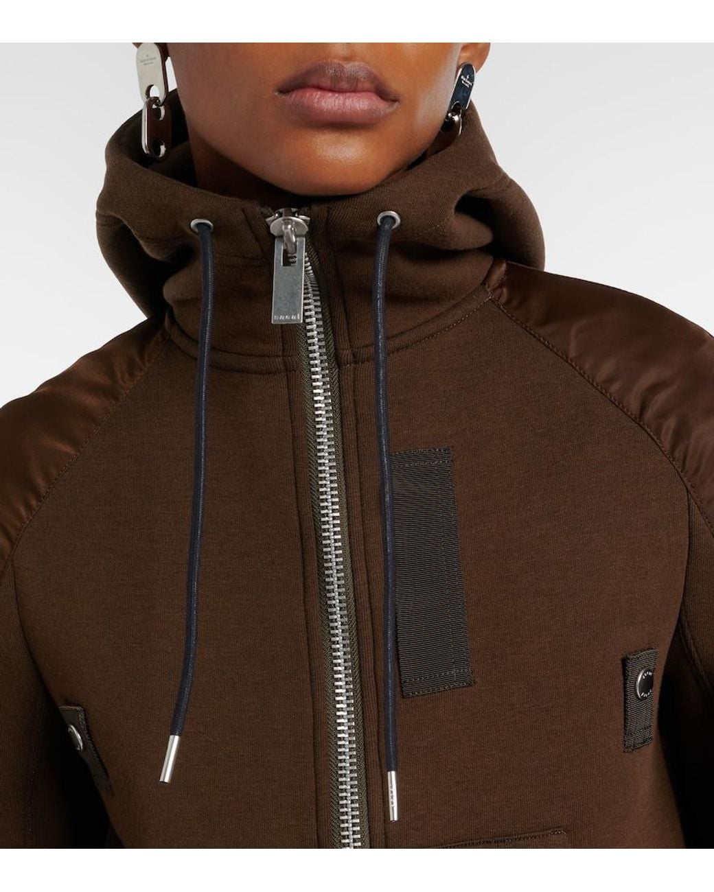 Sacai Brown Paneled Cotton-Blend Fleece Zip-Up Hoodie