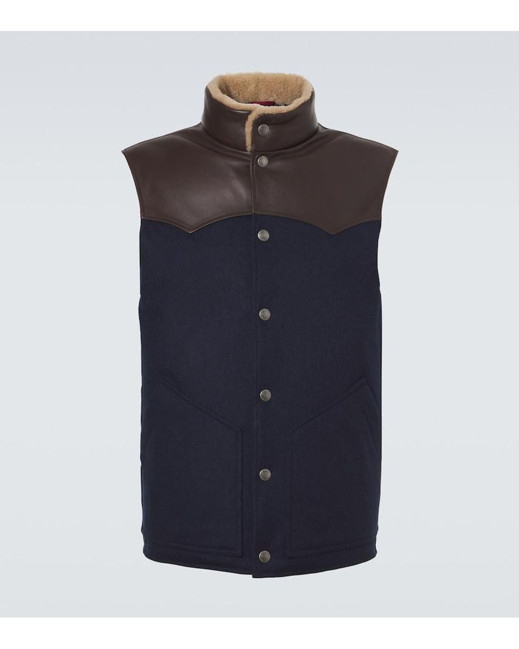 Brunello Cucinelli Blue Shearling-Trimmed Wool Vest for men