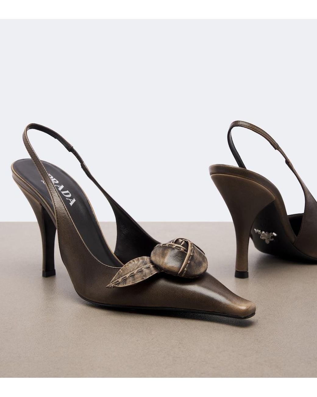 Prada Metallic Floral-Applique Leather Slingback Pumps