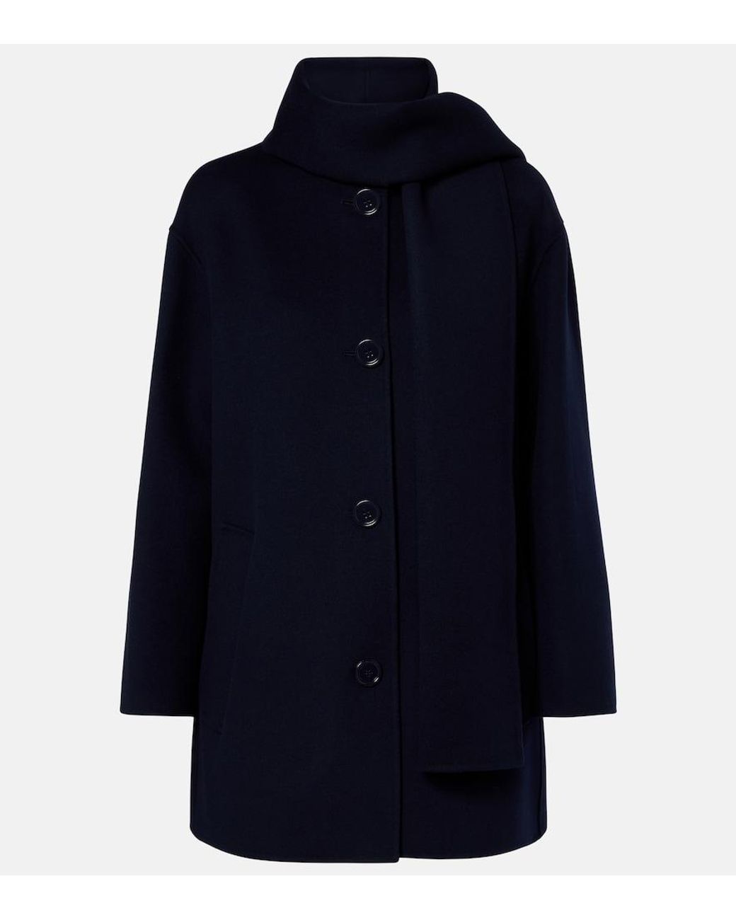 Max Mara Blue Scarf-Detail Virgin Wool Coat