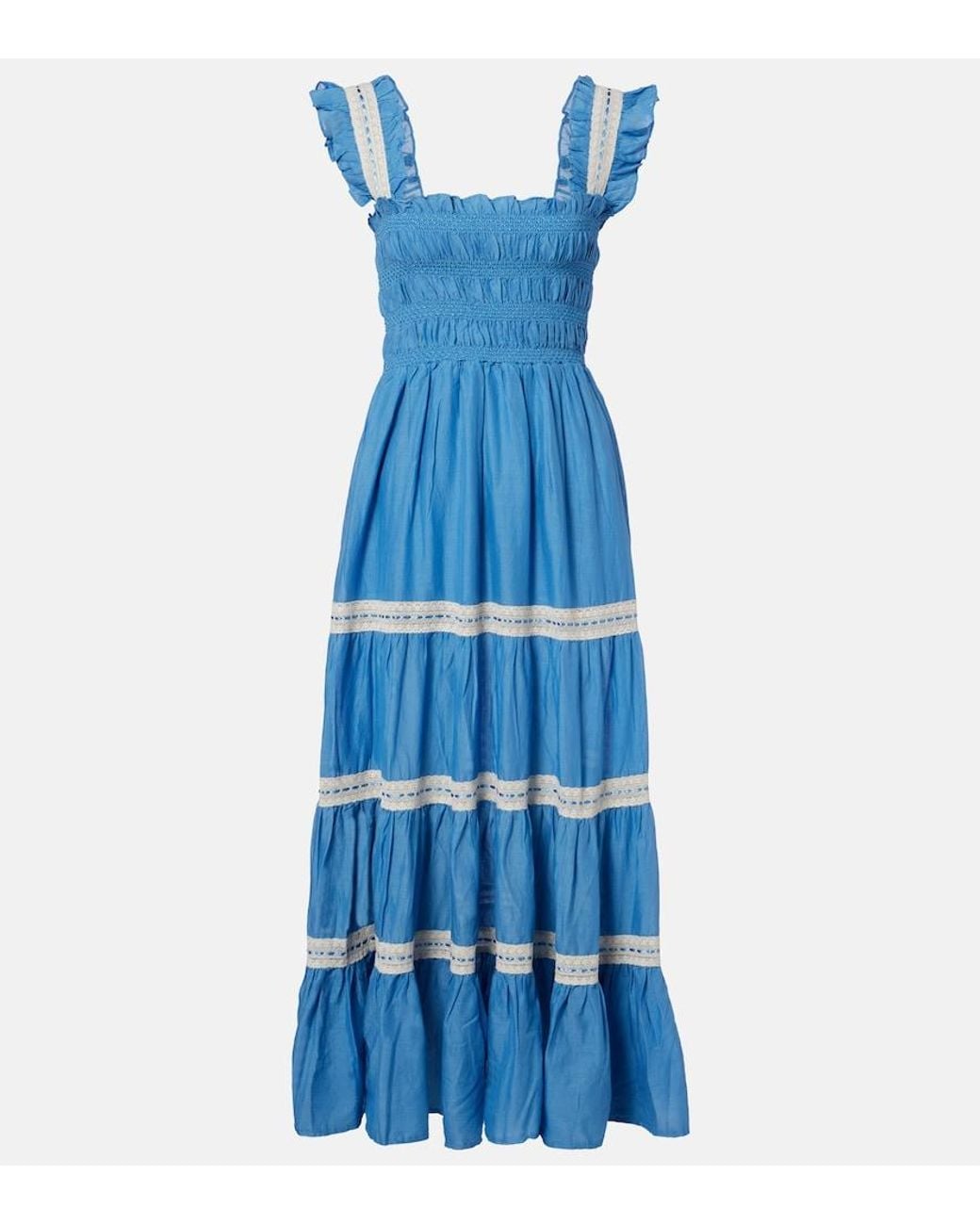 Rixo Blue Aubrie Lace-Trimmed Cotton Voile Midi Dress