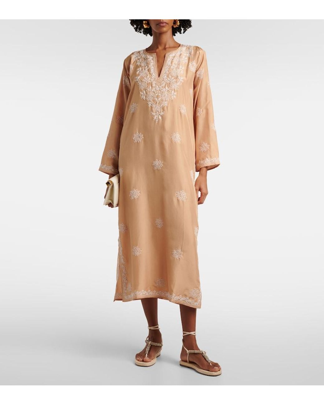 Juliet Dunn Natural Embroidered Silk Kaftan