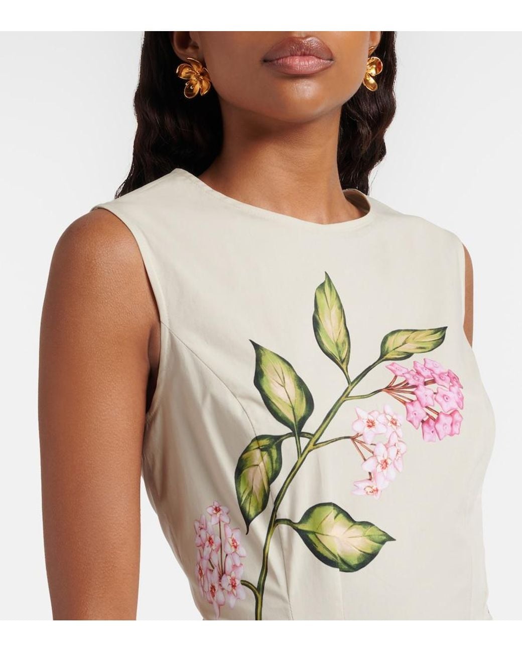 Oscar de la Renta Metallic Porcelain Cotton-Blend Poplin Midi Dress