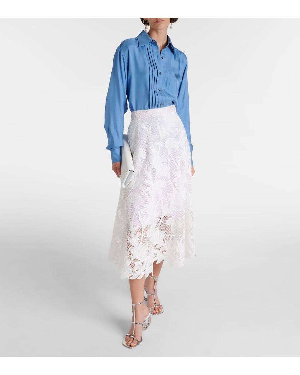 Oscar de la Renta White Floral Guipure Lace Midi Skirt