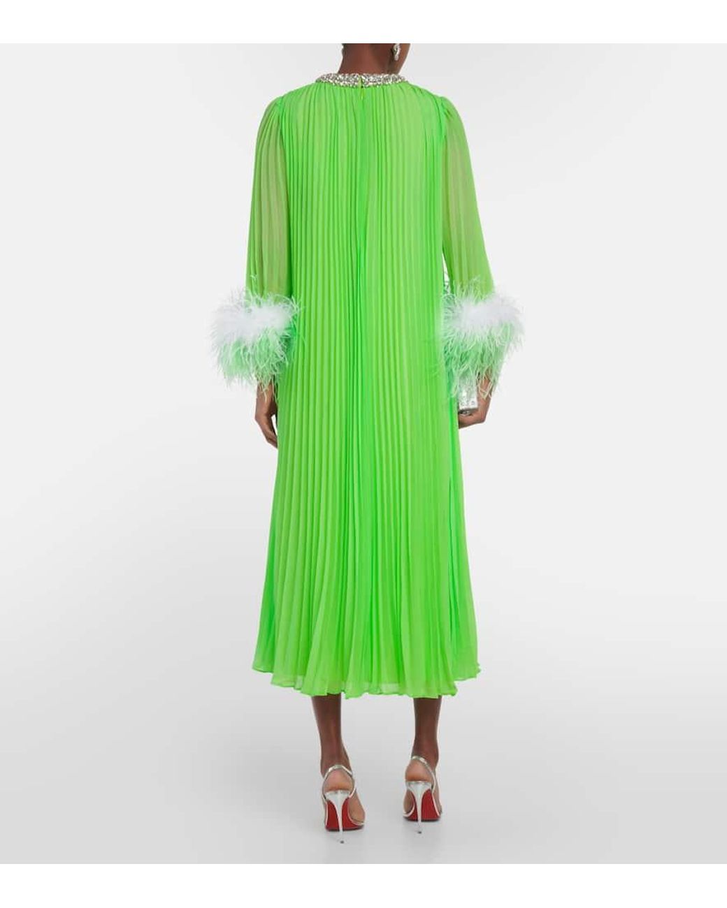self portrait green pleated dress Self-portrait Pleated Midi Dress With Lace Trim