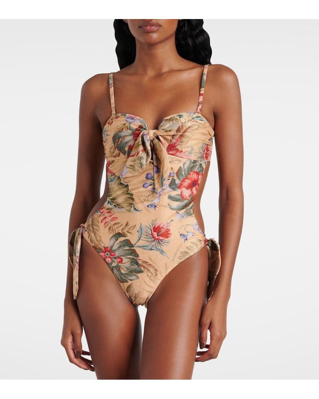 Zimmermann Brown Coco Bow-Detail Floral Swimsuit