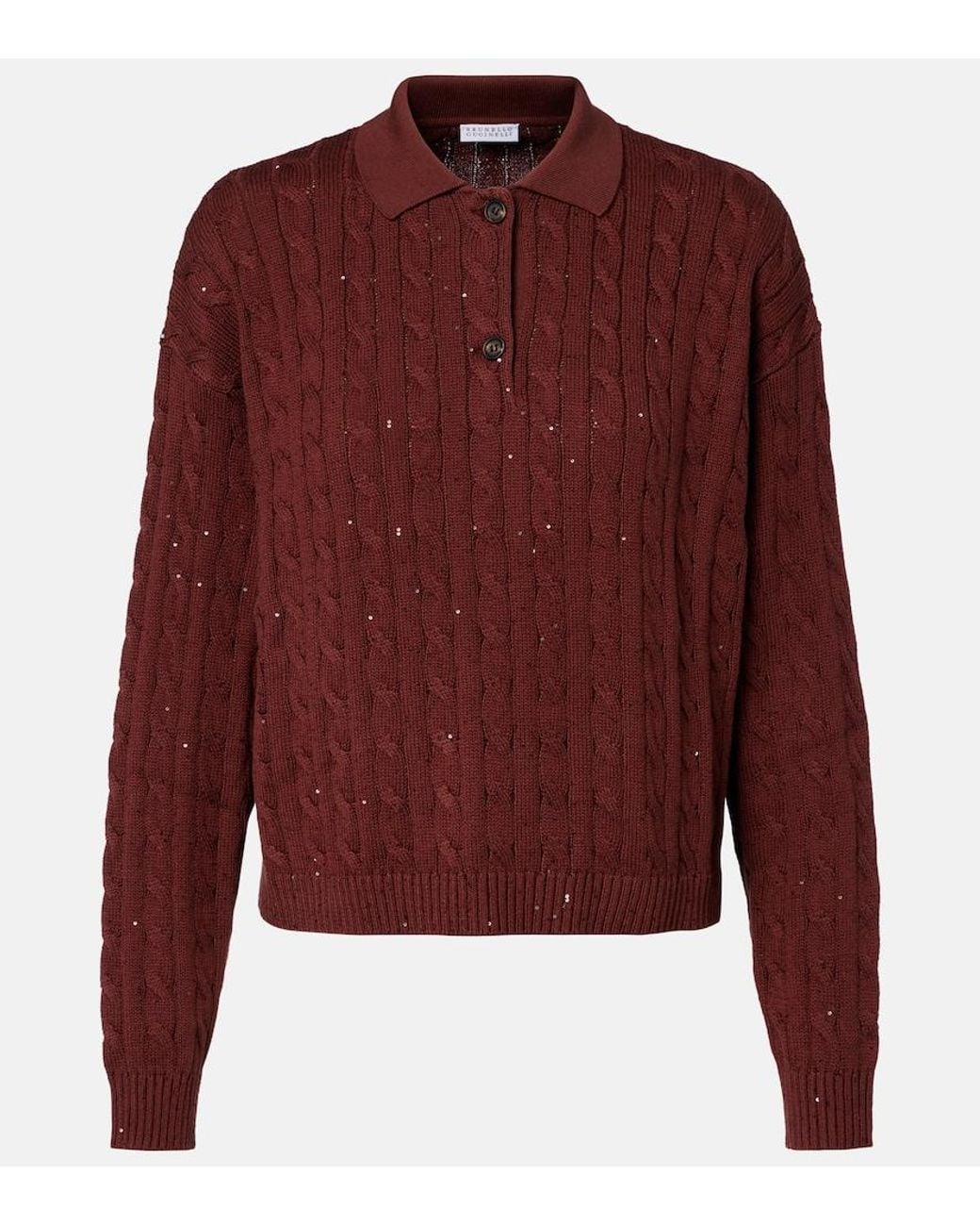 Brunello Cucinelli Red Cable-Knit Cotton-Blend Polo Sweater