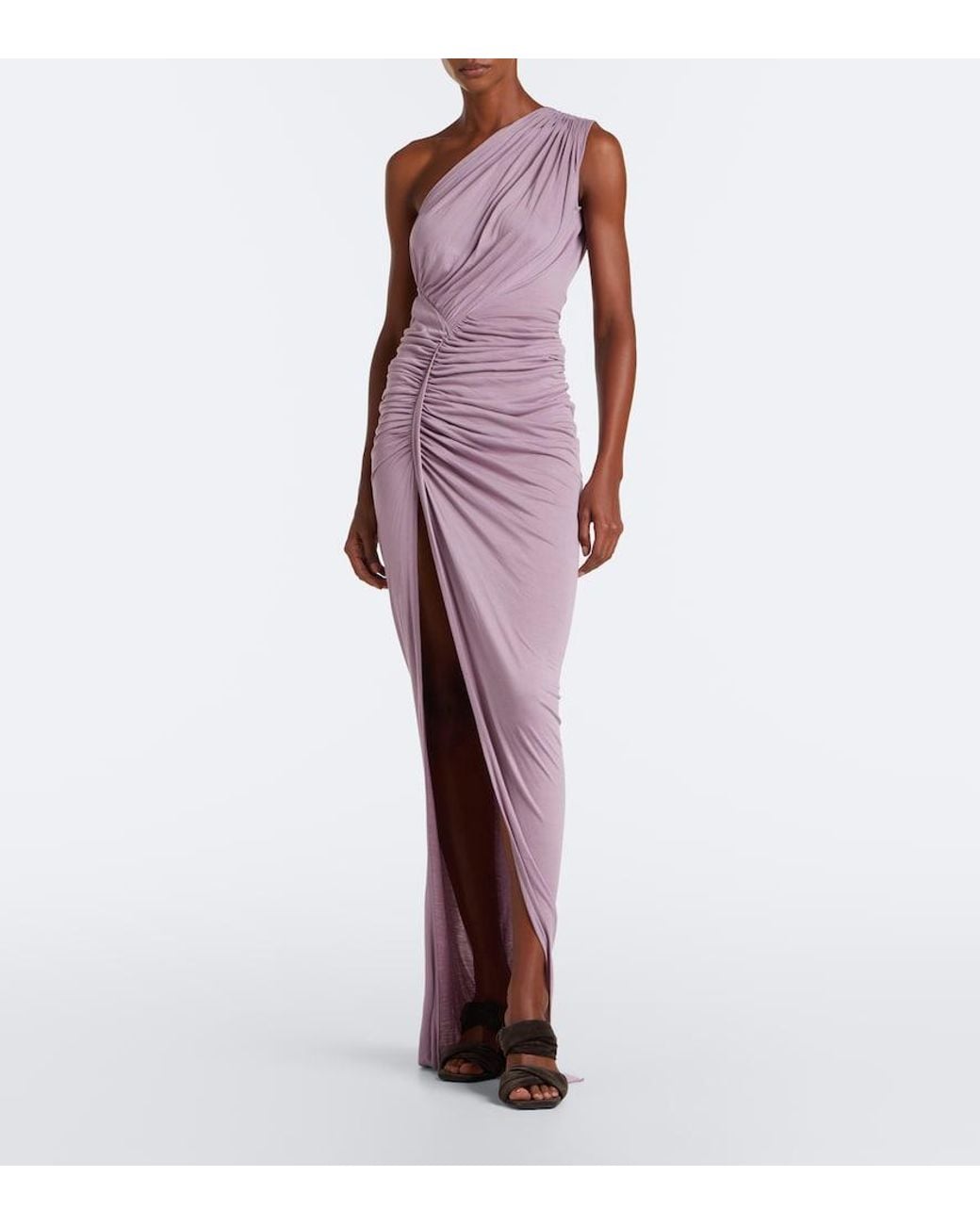Rick Owens Purple Lilies Avra Ruched One-Shoulder Jersey Gown