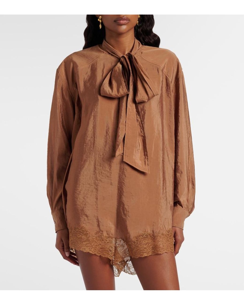 Saint Laurent Brown Lace-Trimmed Tie-Neck Romper