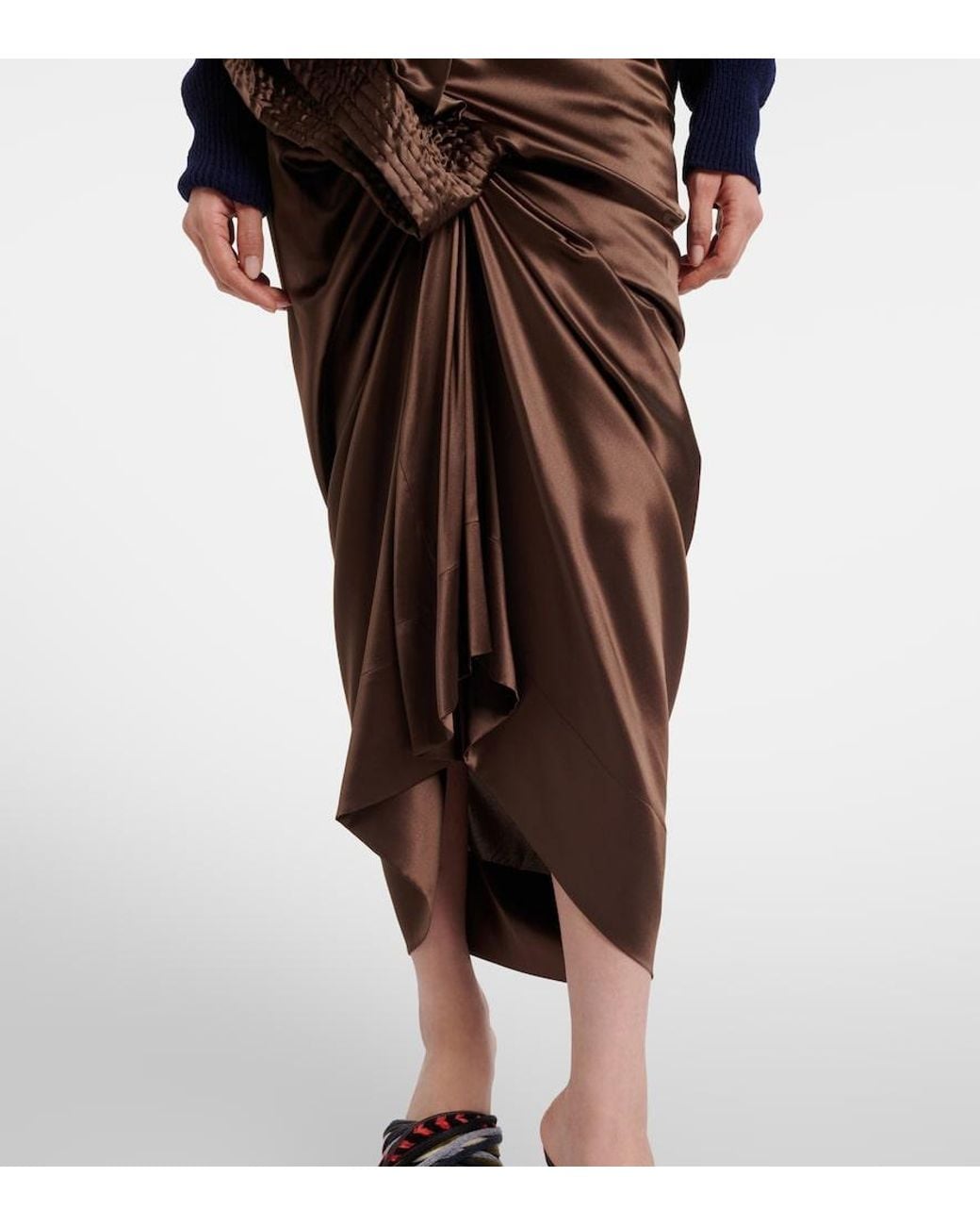 Dries Van Noten Brown Draped Silk-Blend Satin Midi Skirt