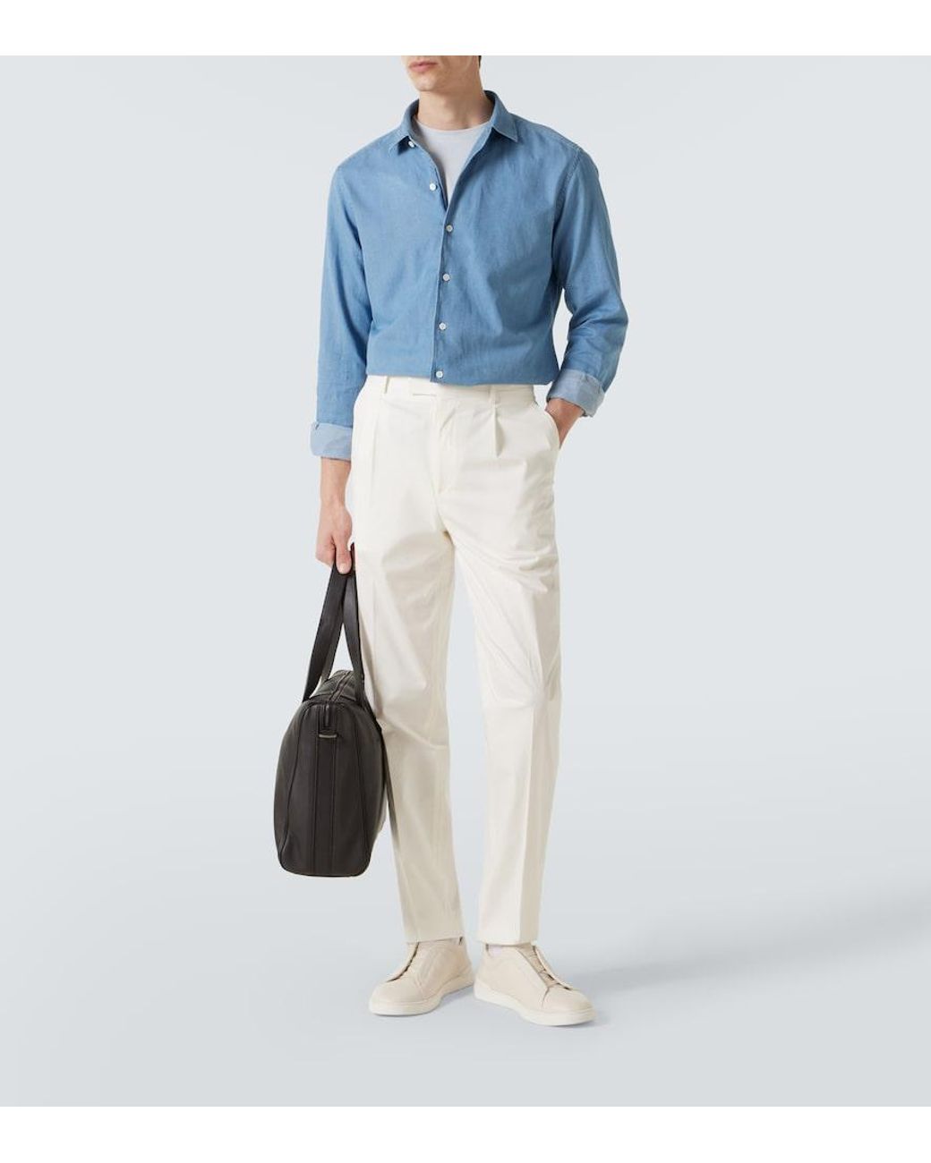 Zegna Blue Cotton And Linen Denim Shirt for men