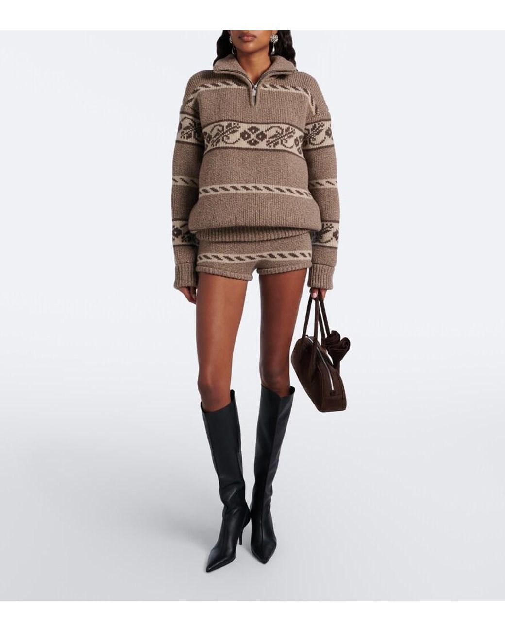 Magda Butrym Brown Jacquard Wool Half-Zip Sweater