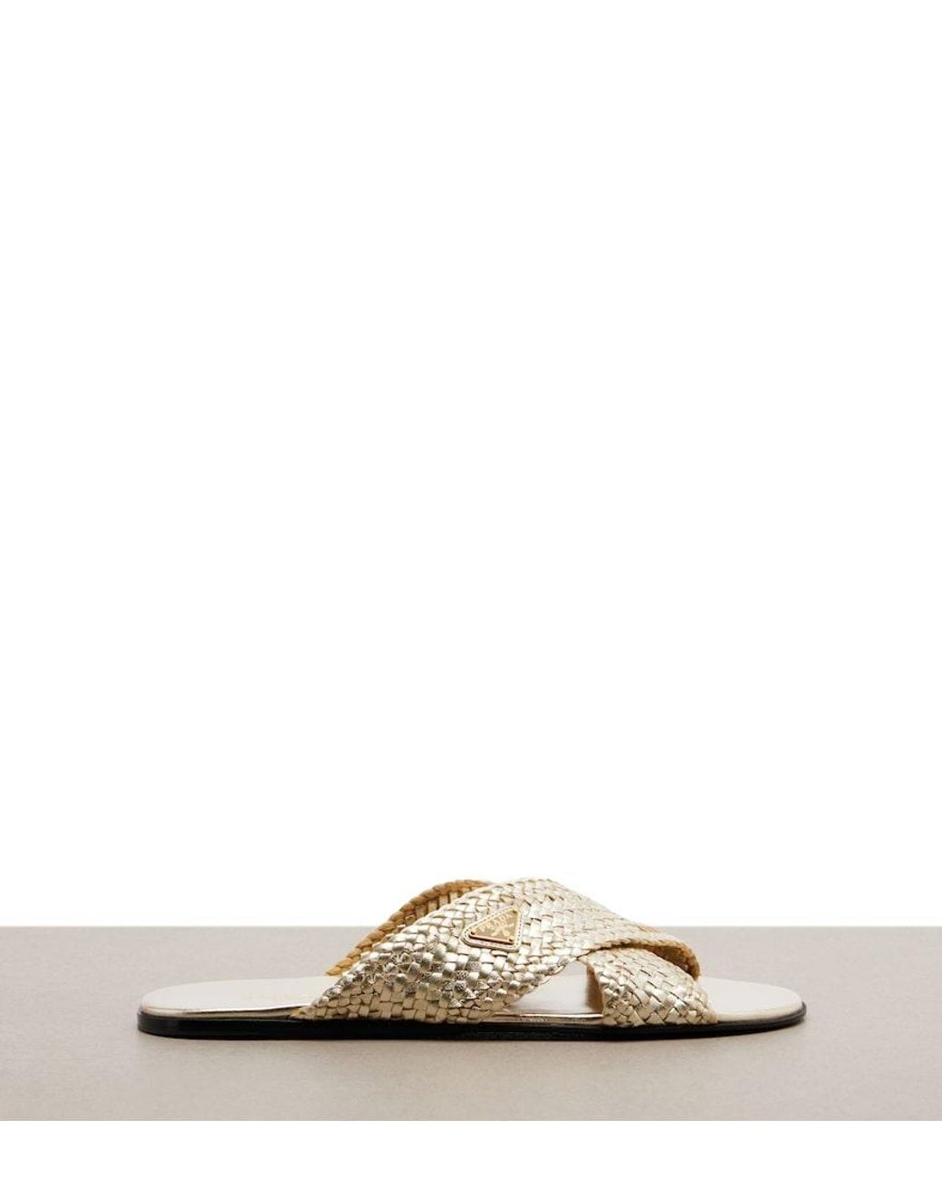 Prada White Woven Leather Slides