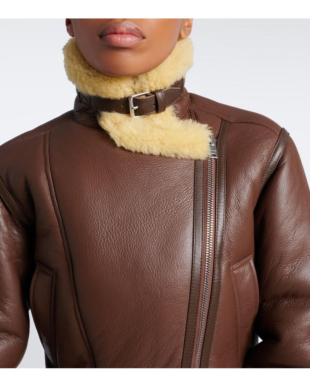 Acne Brown Shearling-Trimmed Leather Biker Jacket
