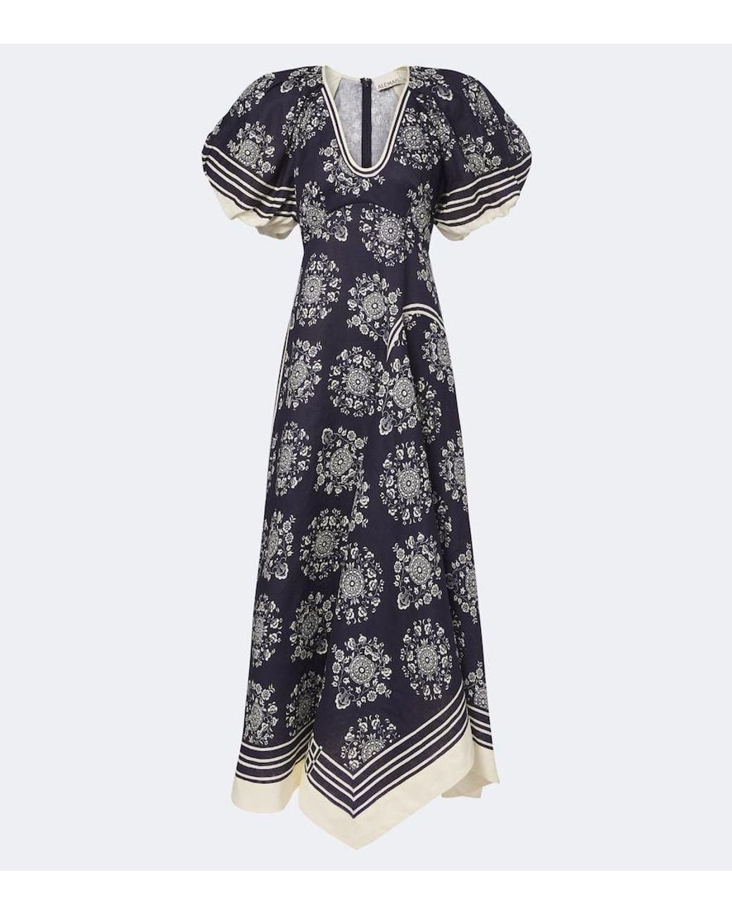 ALÉMAIS Blue Banderra Floral Linen Midi Dress