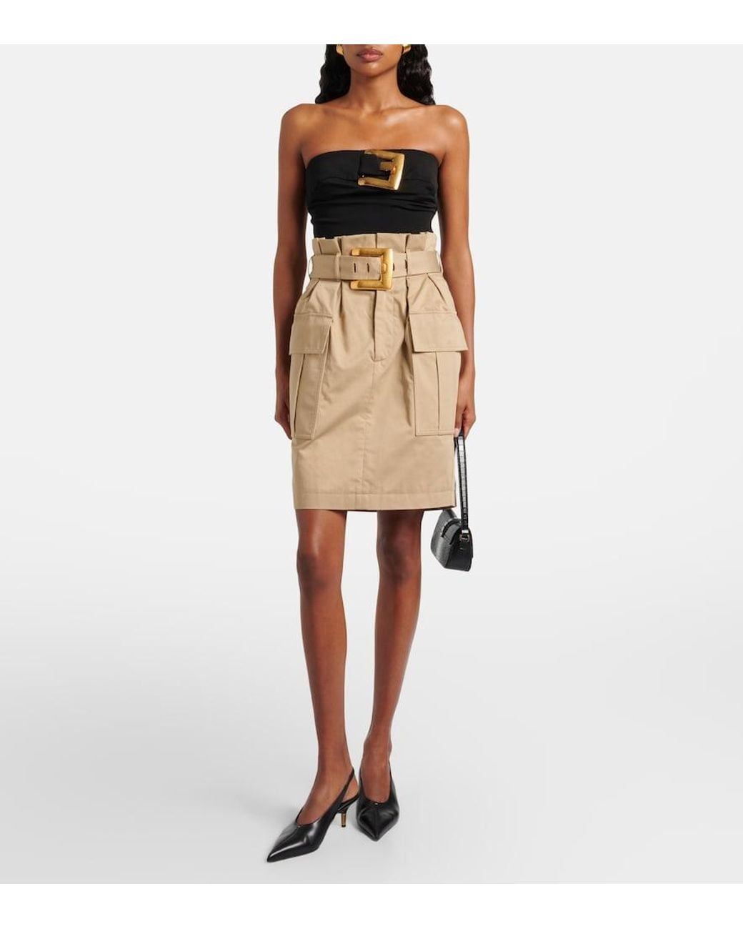 Balmain Natural Belted Cotton Gabardine Miniskirt