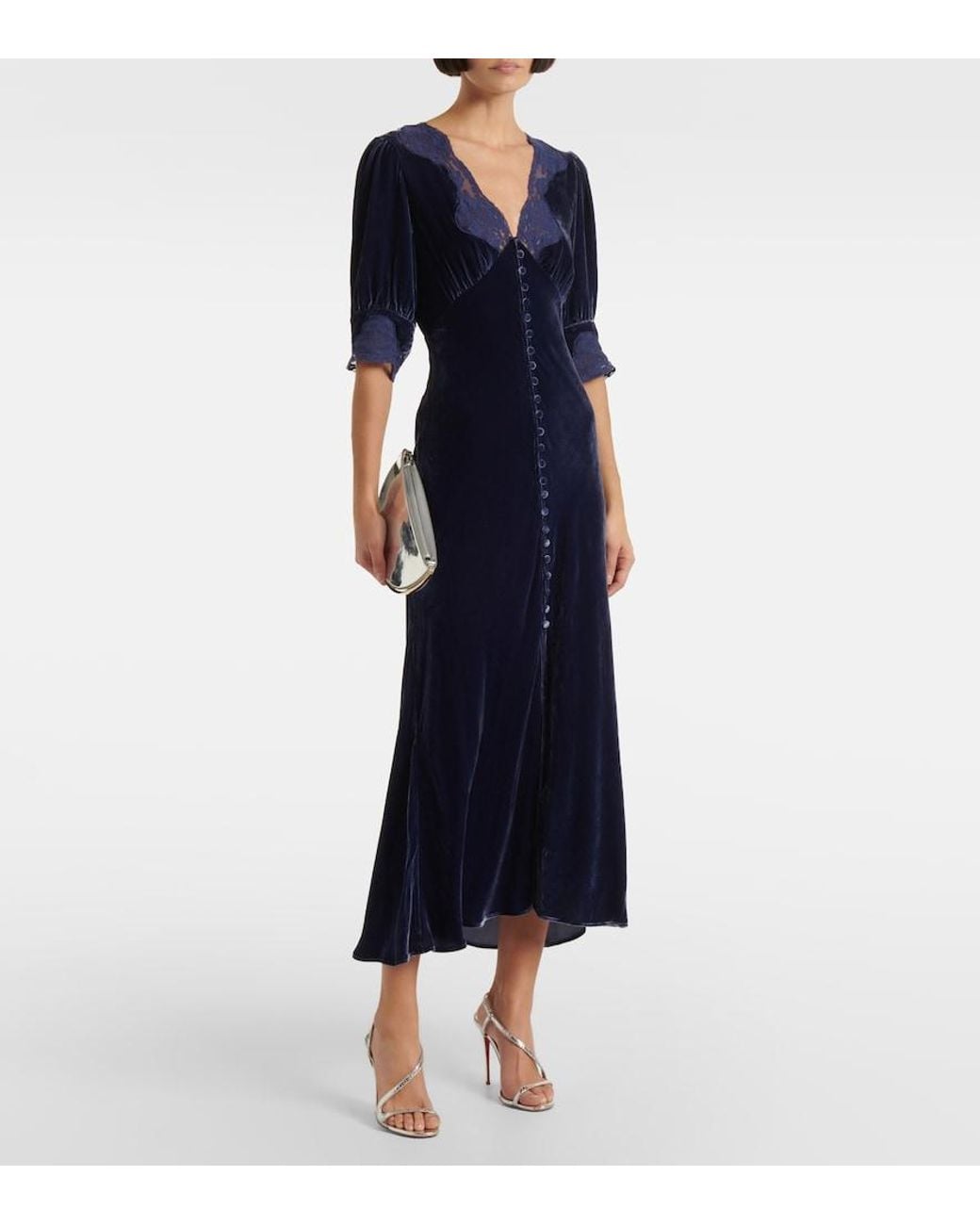 RIXO London Simone Lace-Trimmed Velvet Maxi Dress in Blue | Lyst RIXO London Simone Lace-Trimmed Velvet Maxi Dress in Blue | Lyst