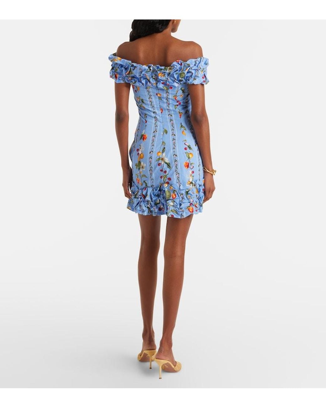 Agua Bendita Blue Jardin Printed Off-Shoulder Cotton Minidress