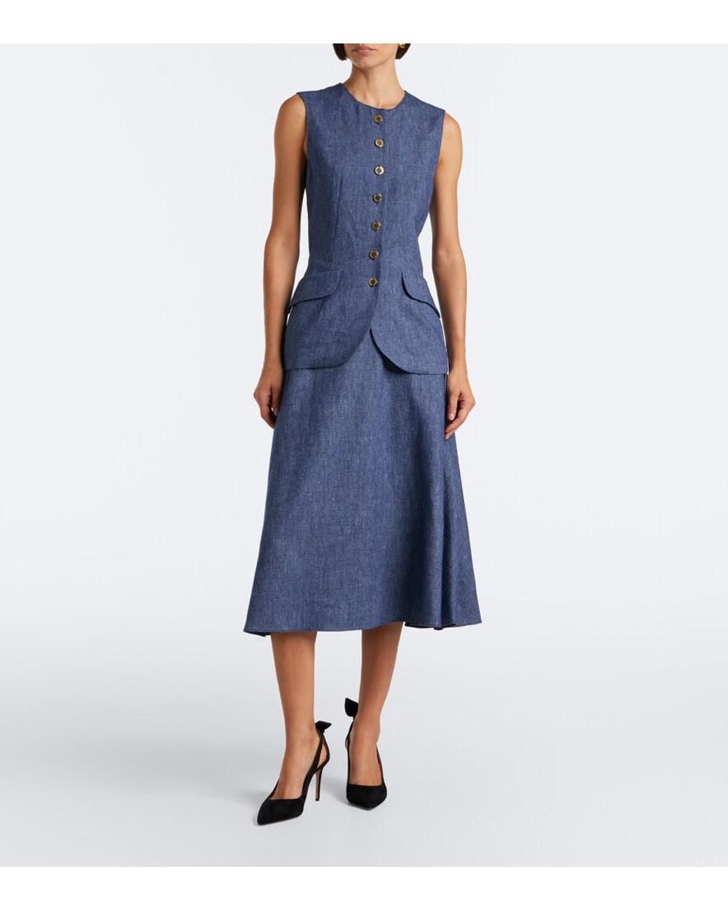 Carolina Herrera Blue Linen, Wool, And Silk-Blend Midi Skirt