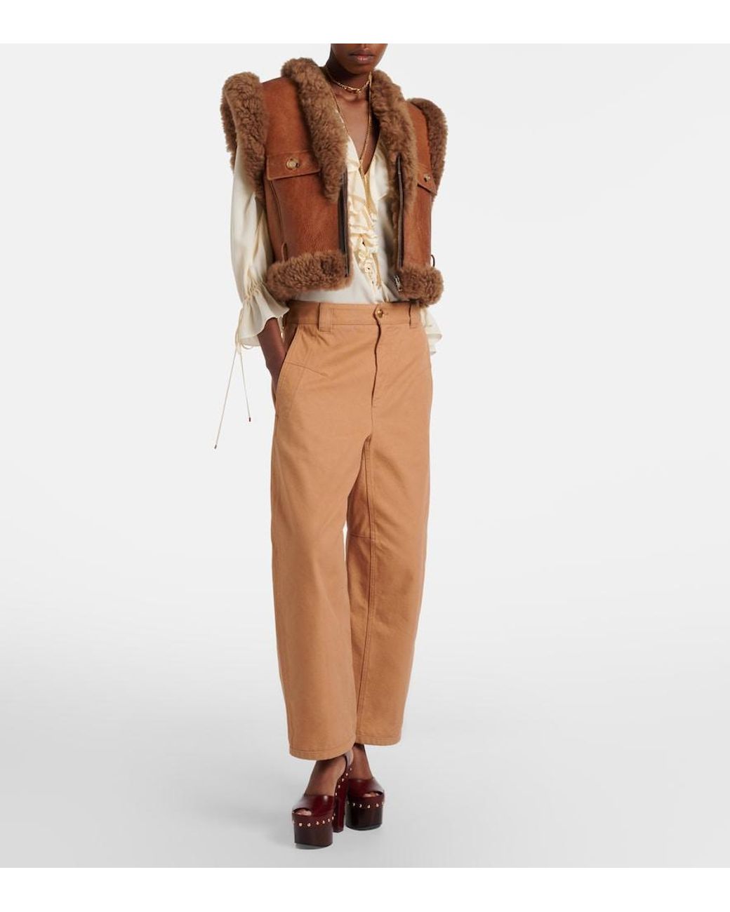 Chloé Brown Shearling-Trimmed Leather Vest