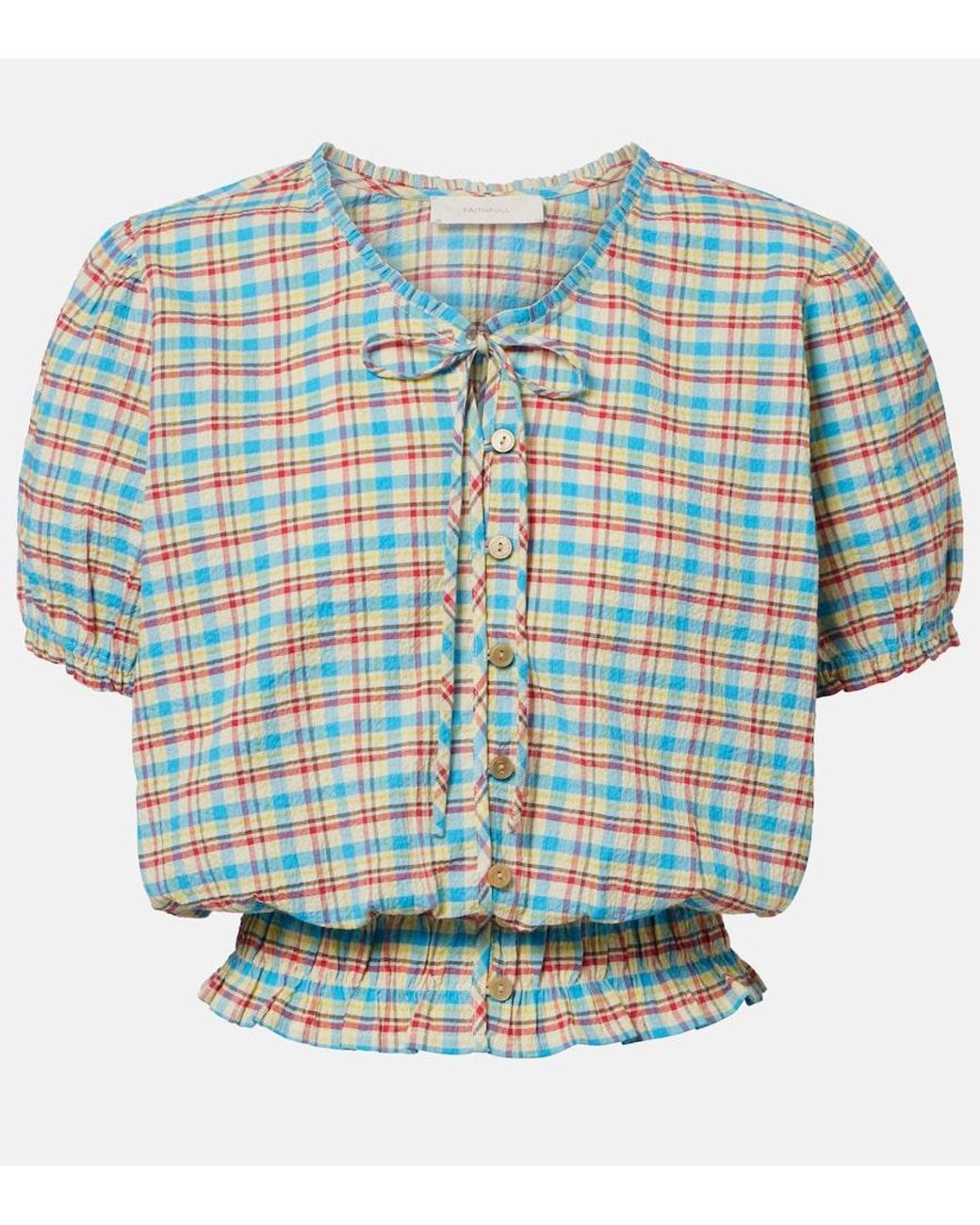 Faithfull The Brand Blue Santana Checked Cotton-Blend Top
