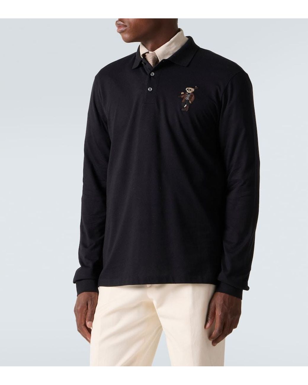 Ralph Lauren Black Embroidered Cotton And Cashmere Polo Shirt for men