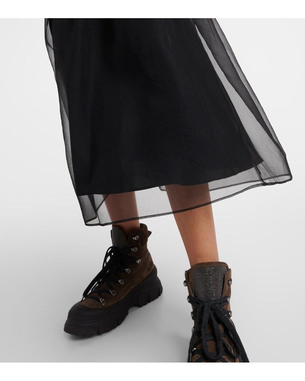 Brunello Cucinelli Black Embellished Pleated Silk Midi Skirt