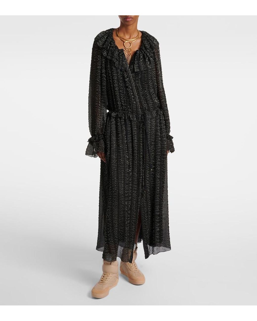Chloé Black Ruffled Gathered Silk-Blend Gown