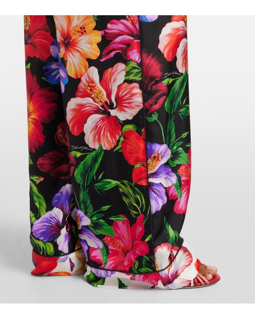 Dolce & Gabbana Red Floral Silk Wide-Leg Pants