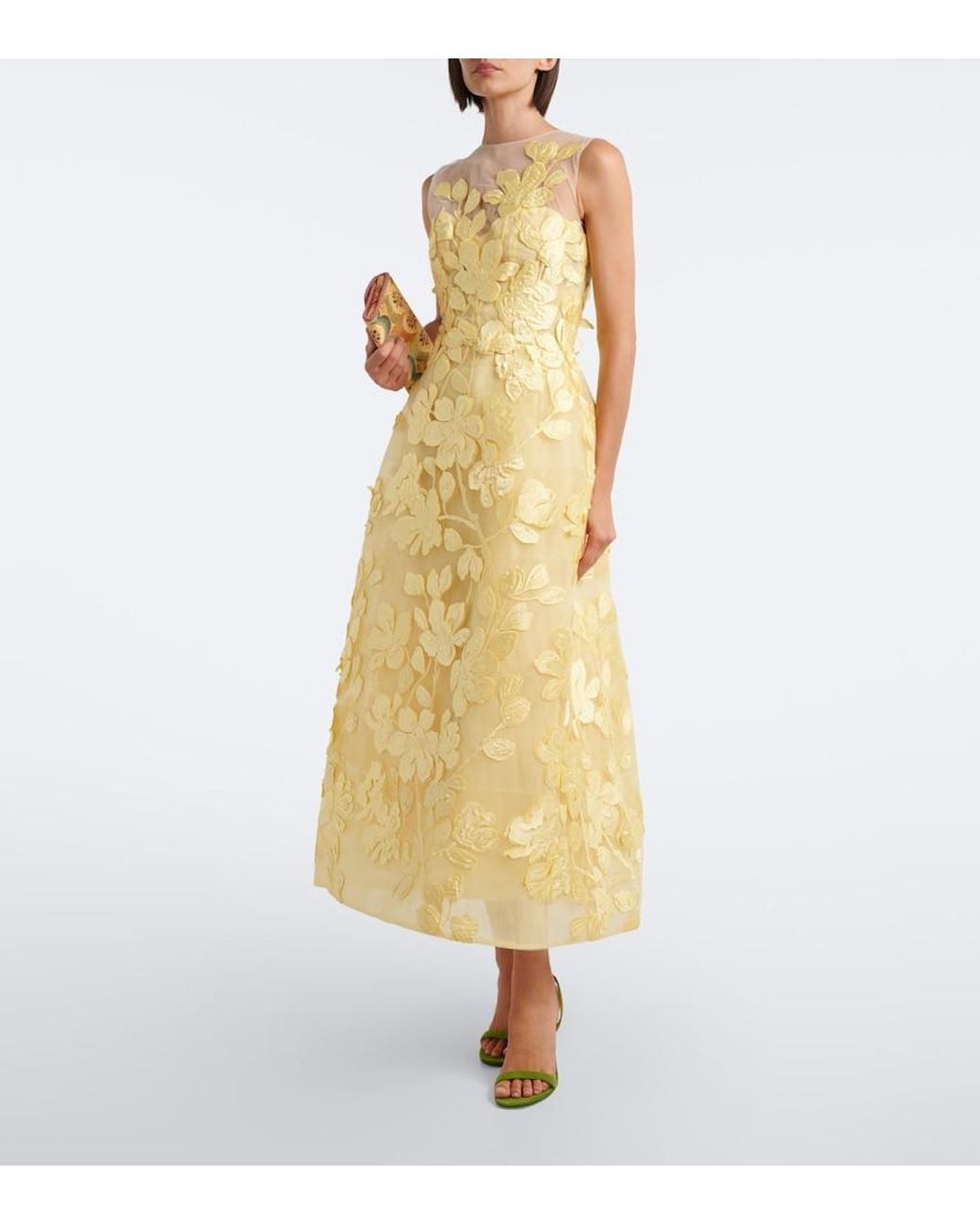 Monique Lhuillier Yellow Floral Tulle Midi Dress
