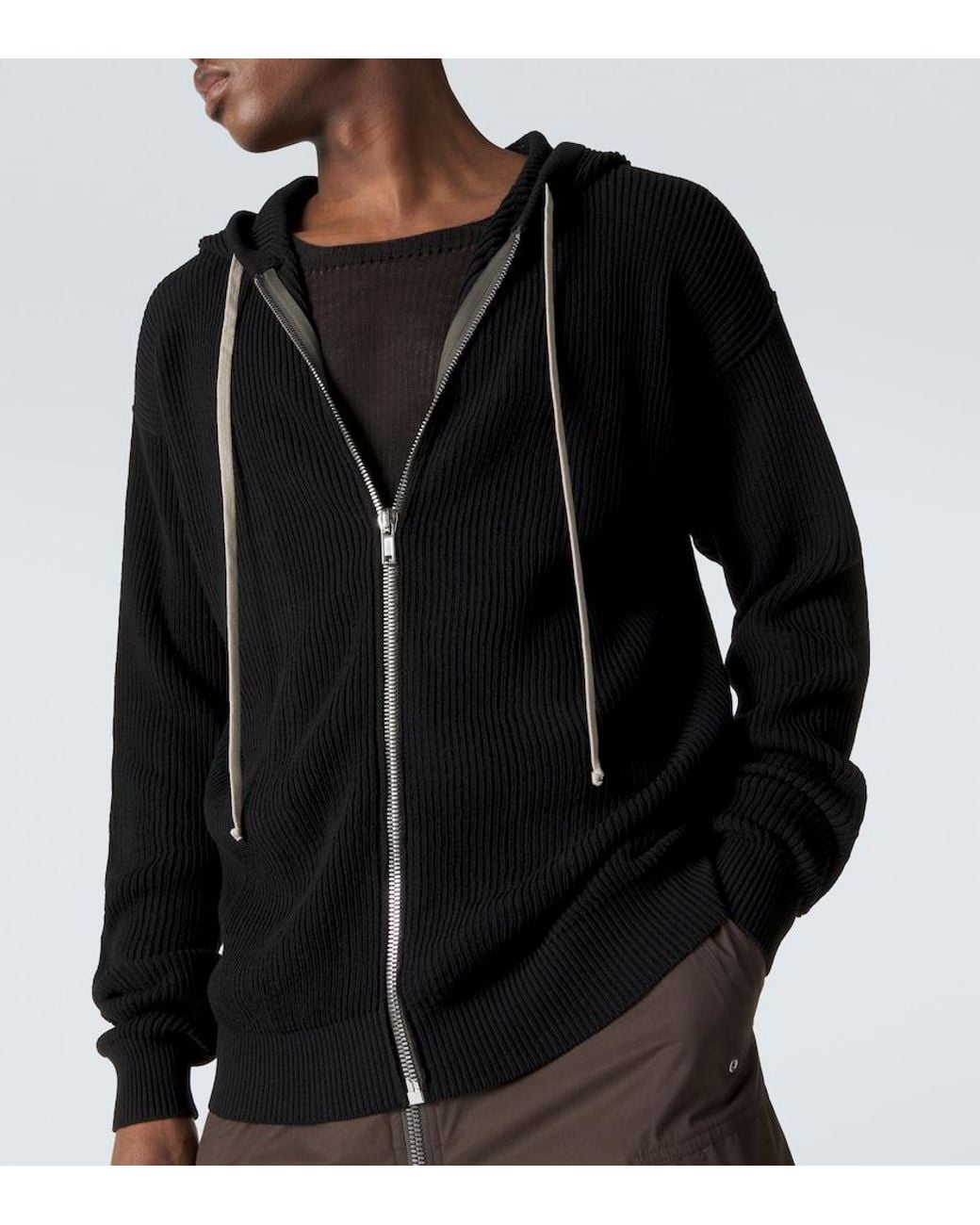 Rick Owens Black Ribbed-Knit Virgin Wool Hoodie for men