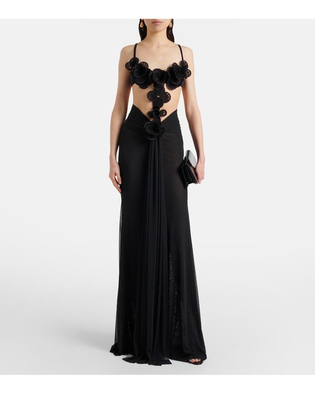 David Koma Black Floral-Applique Mesh Gown