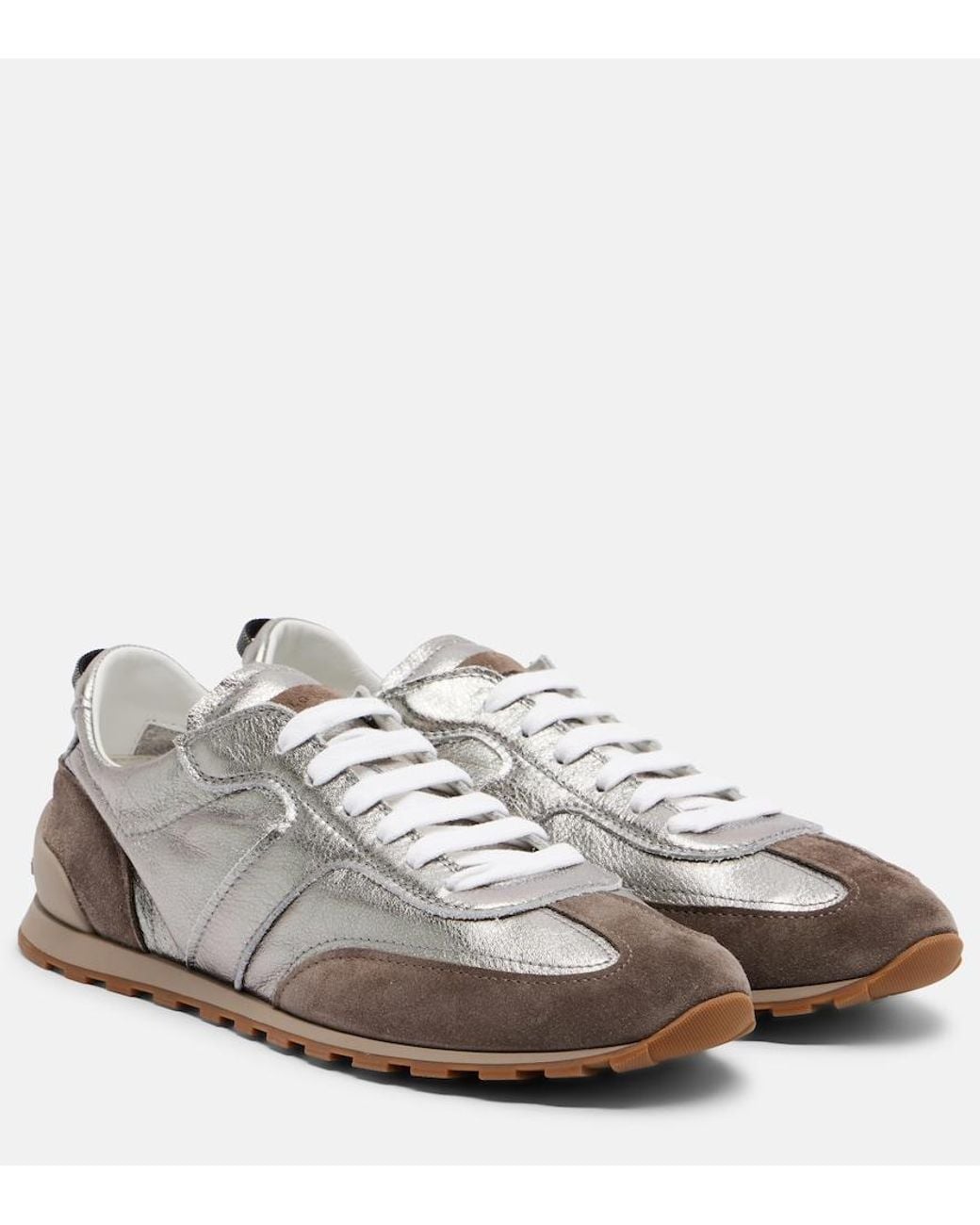 Brunello Cucinelli White Monili Suede-Trimmed Metallic Leather Sneakers