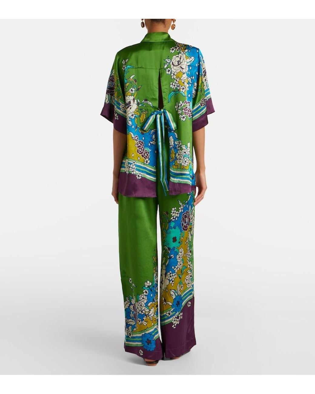 ALÉMAIS Green Nanci Printed Silk Satin Wide-Leg Pants