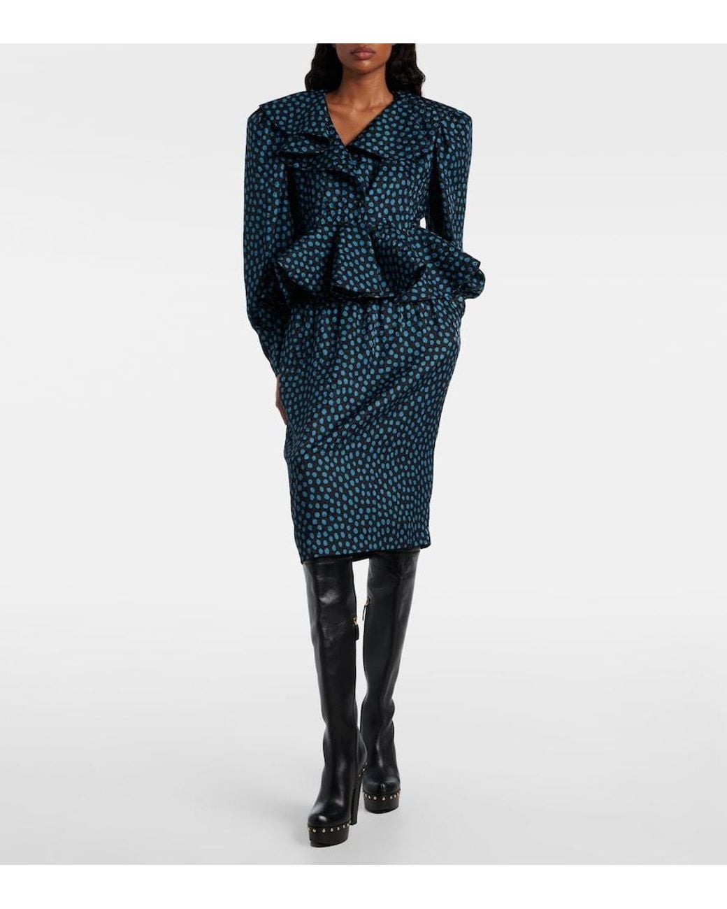 Chloé Blue Polka-Dot Peplum Silk Jacquard Blouse