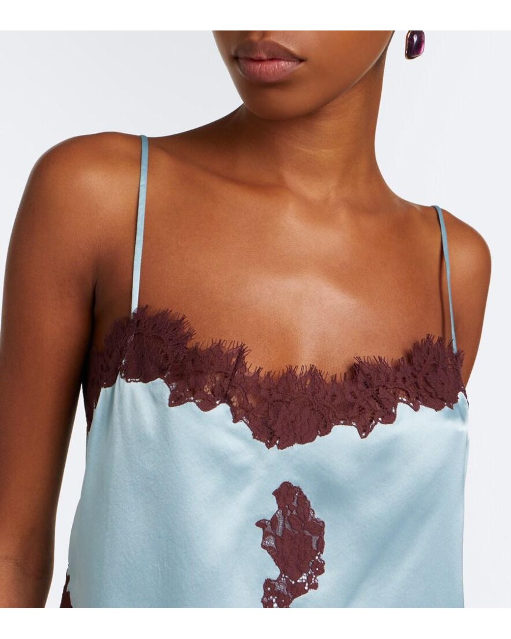 Doen Blue Avelaine Lace-Trimmed Silk Satin Camisole