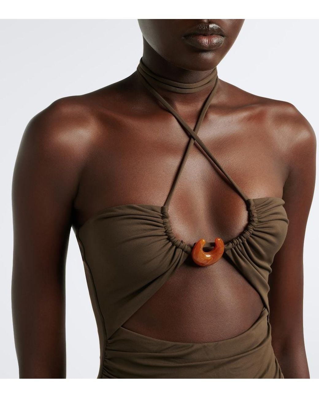 Magda Butrym Brown Ruched Halterneck Swimsuit