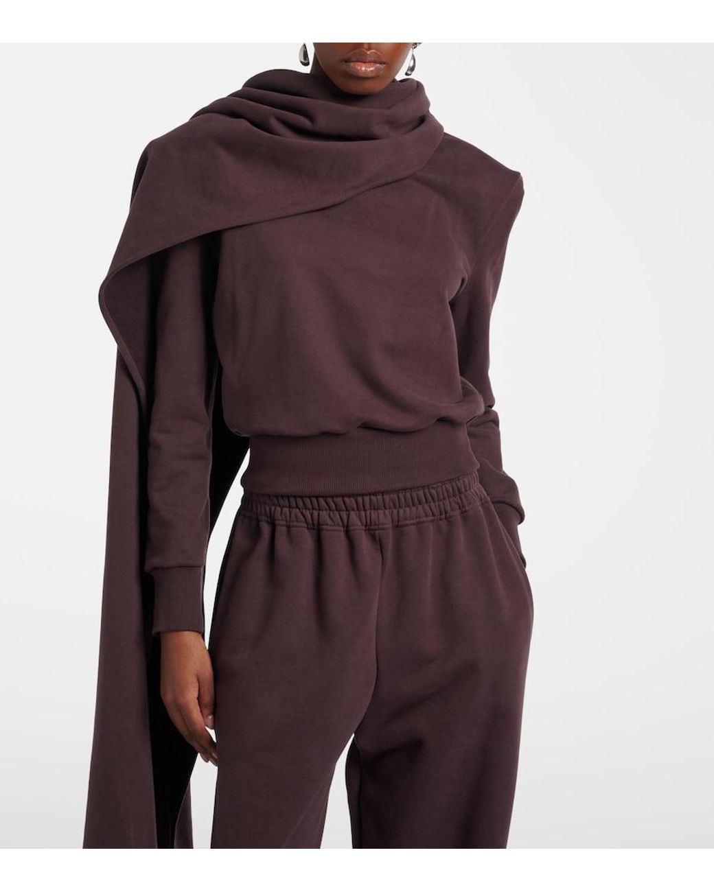 Magda Butrym Brown Draped Scarf-Detail Cotton Sweatshirt