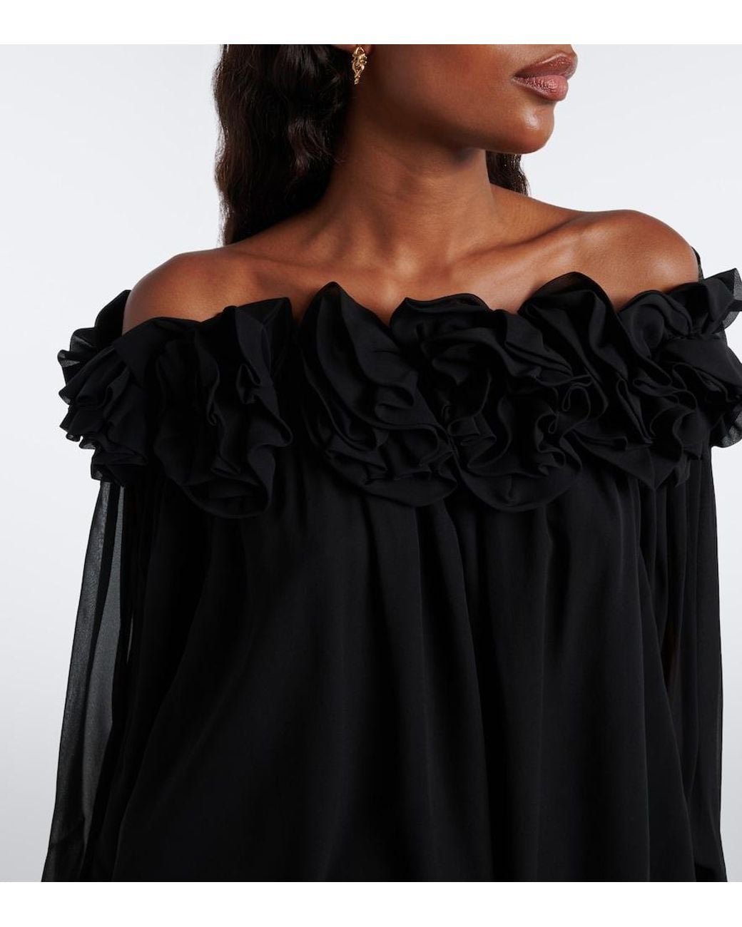 Carolina Herrera Black Floral-Applique Gathered Silk Top