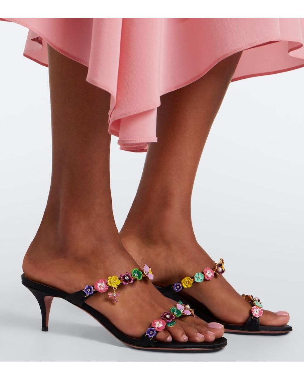 AMINA MUADDI Pink Vittoria Embellished Satin Mules
