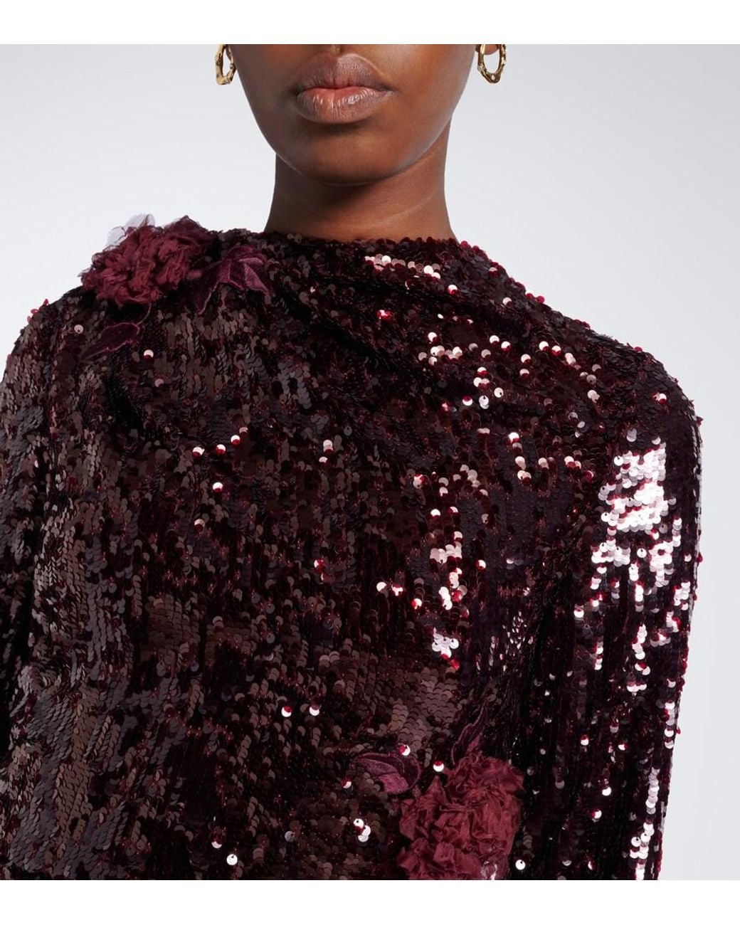 Erdem Floral-Applique Gathered Sequined Midi Dress