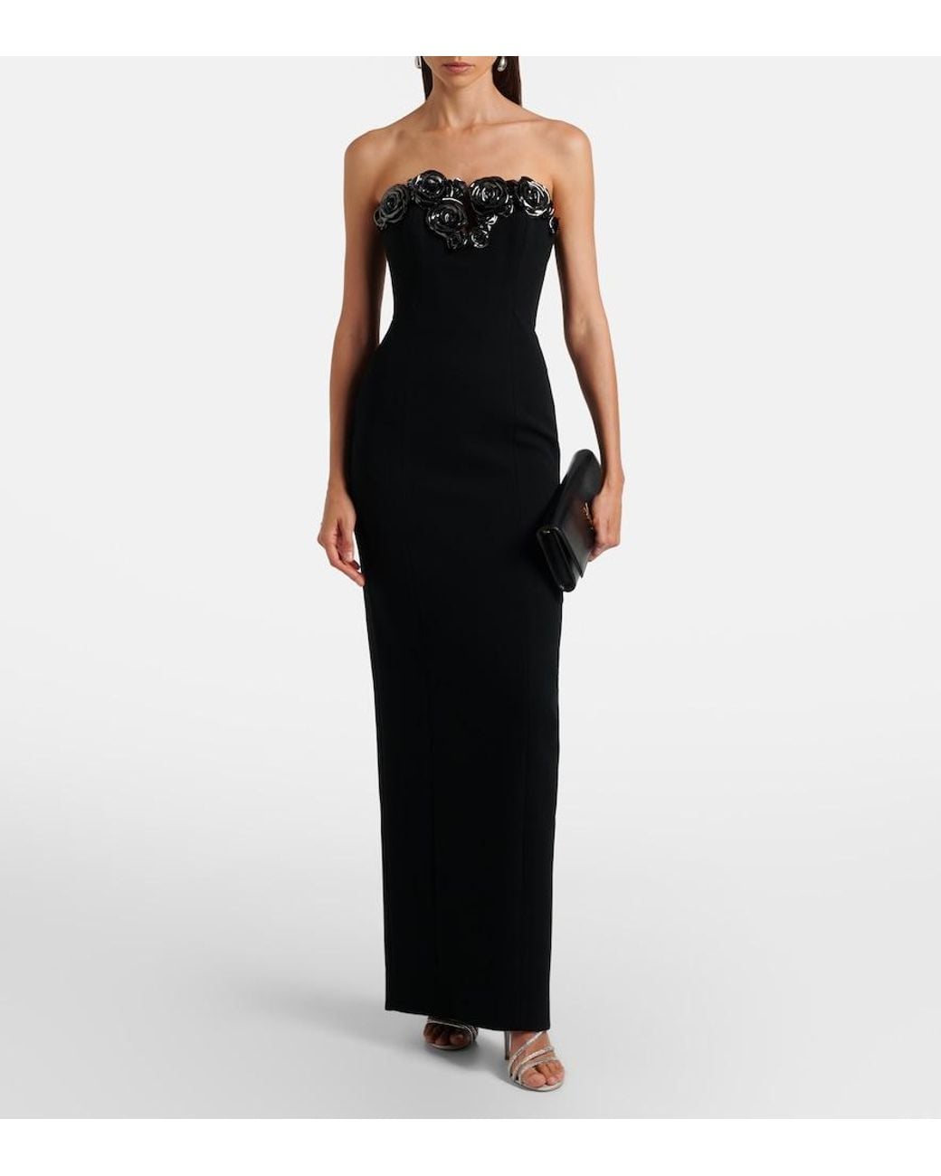 Rachel Gilbert Black Mirage Floral-Applique Bustier Gown