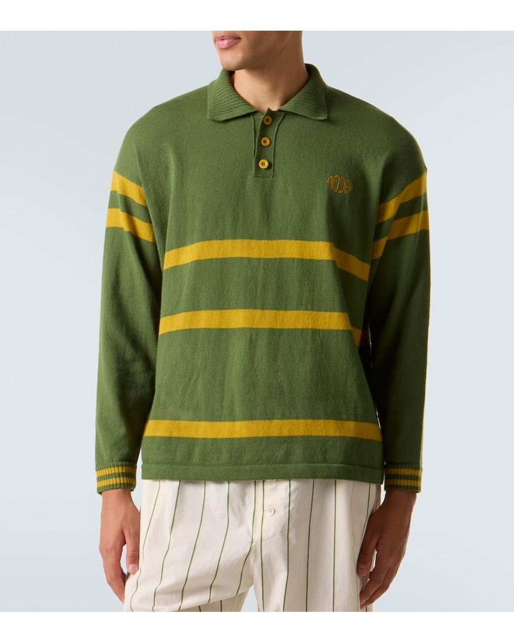Bode Green Striped Virgin Wool Polo Sweater for men
