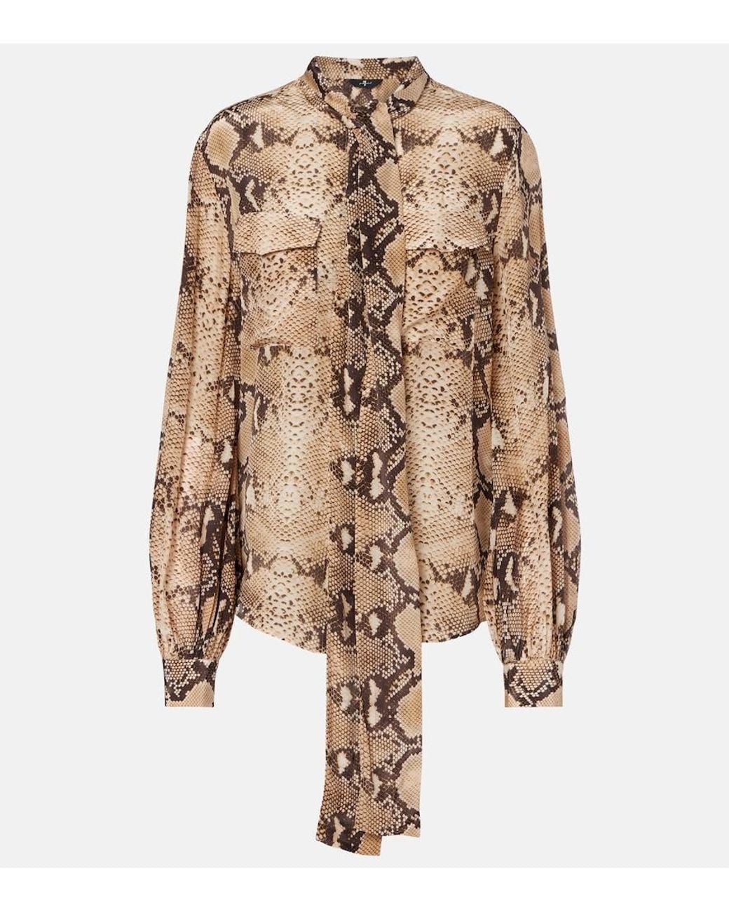 7 For All Mankind Natural Snake-Print Tie-Neck Blouse