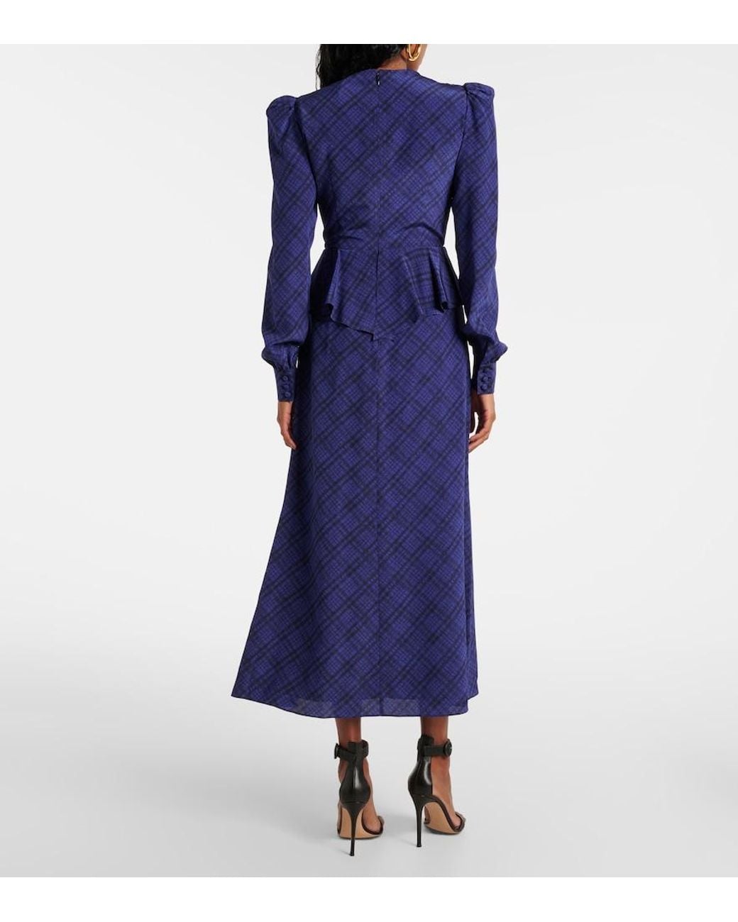 Alessandra Rich Blue Tartan Silk Midi Dress