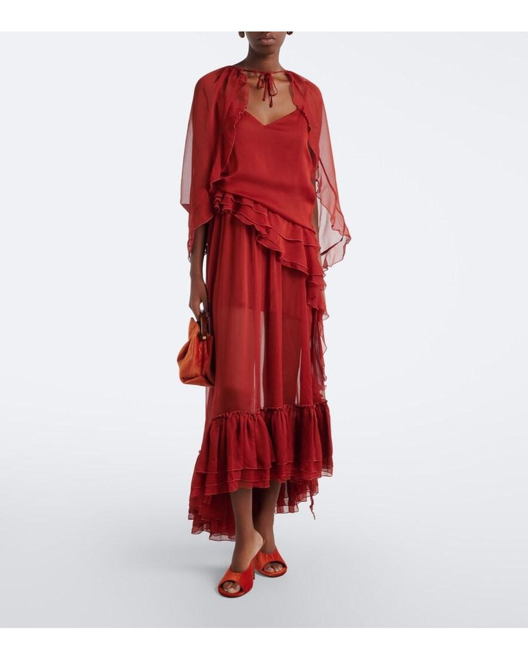 JACQUES WEI Red Ruffled Chiffon Gown