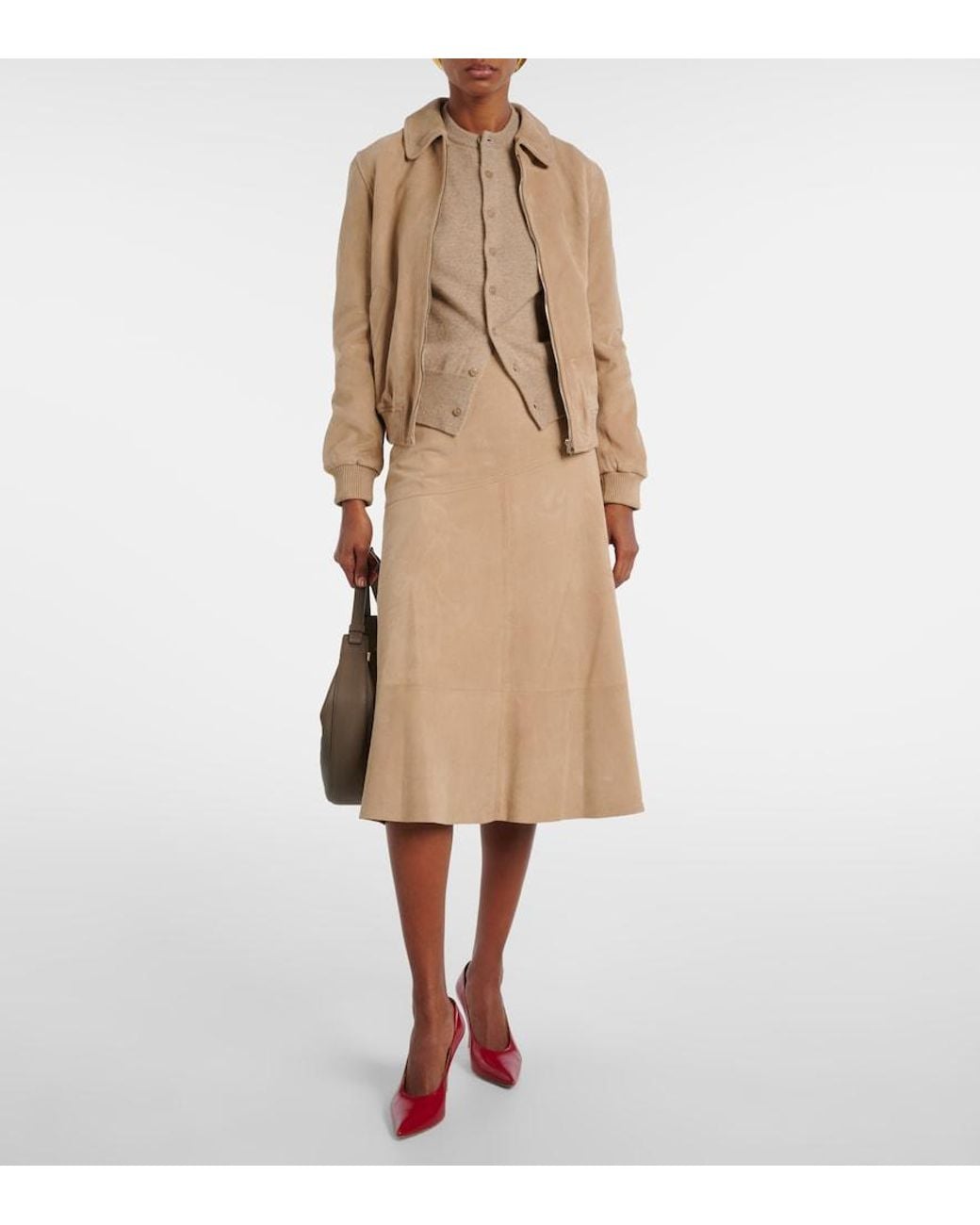 Yves Salomon Natural Suede Midi Skirt