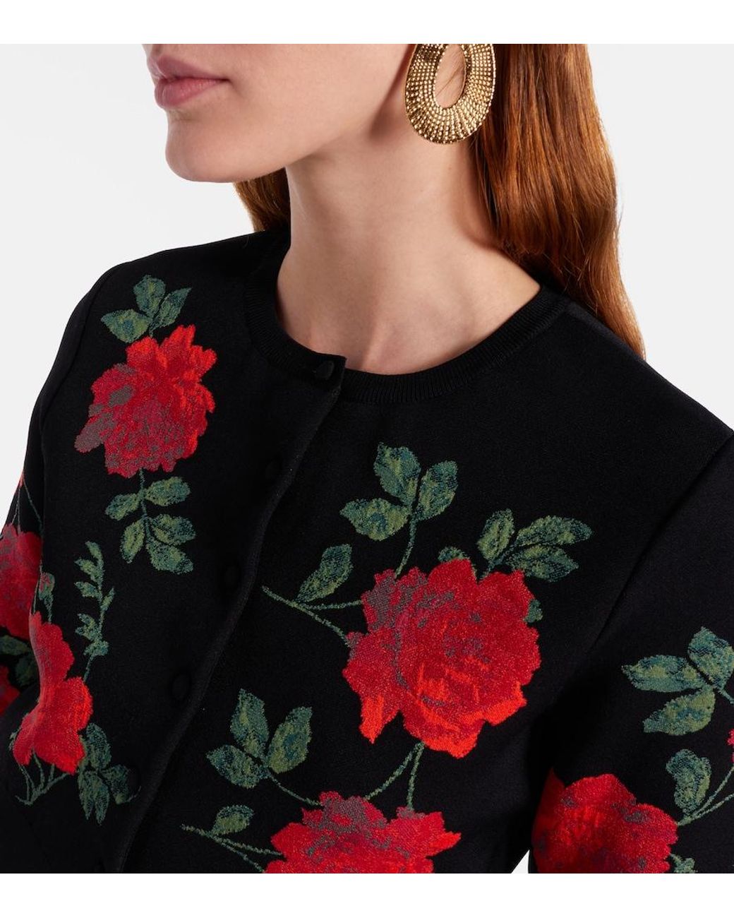 Carolina Herrera Red Floral Cropped Jacquard Cardigan